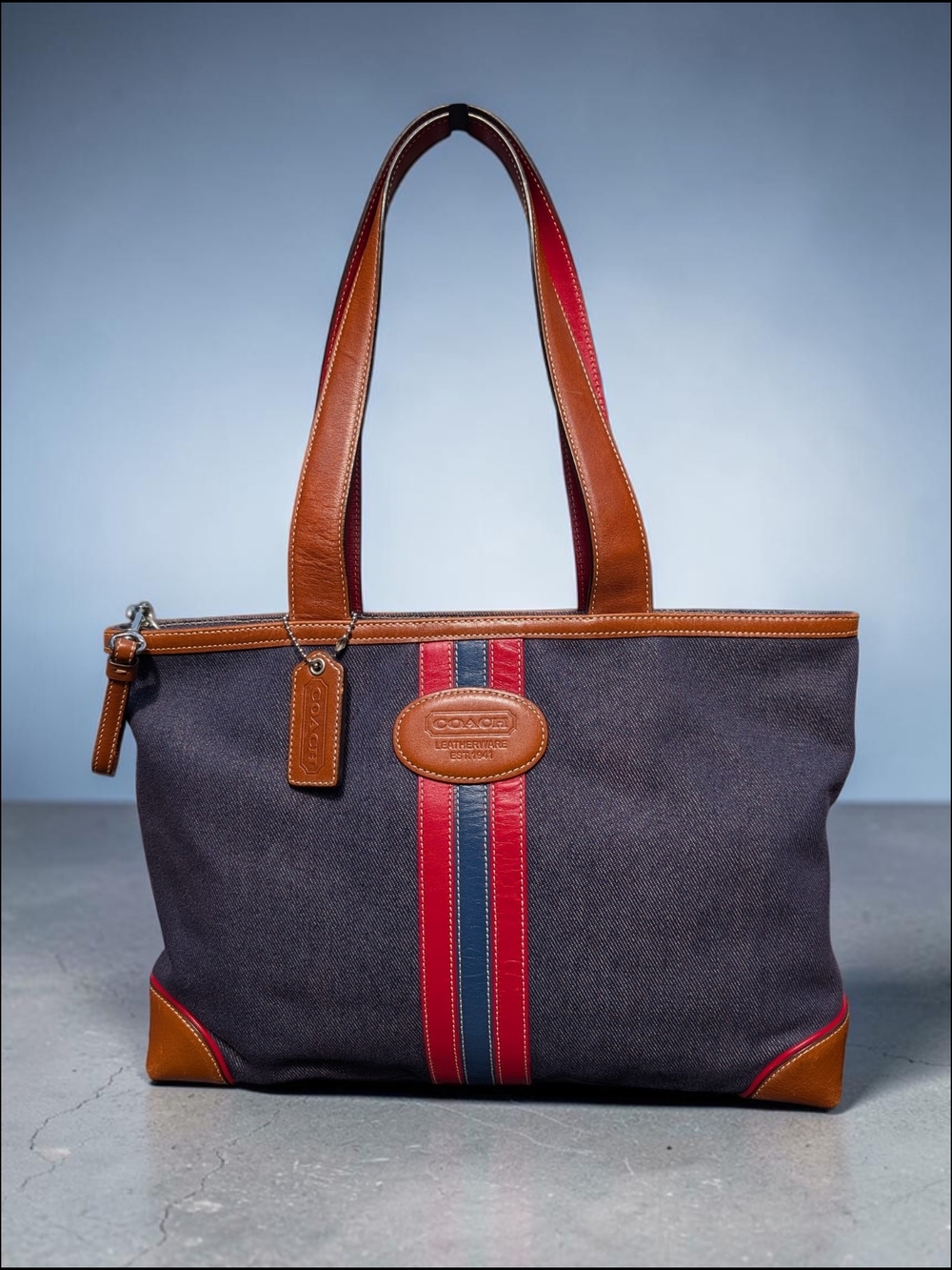 Coach Vintage Y2K Denim Leather Racing Stripe Tote Bag Leatherware (C04K-6866)